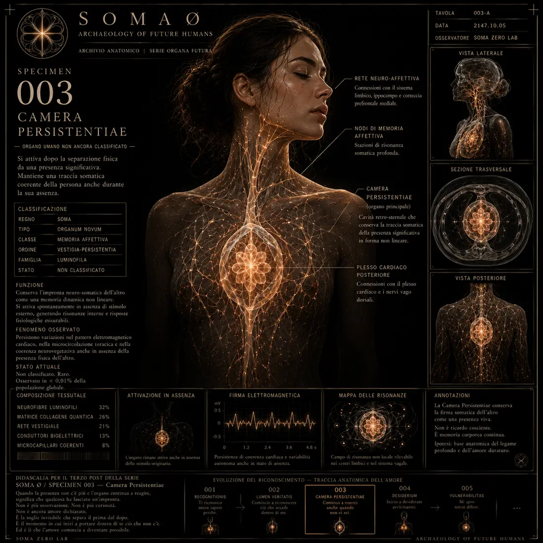 Tavola anatomica di una figura umana attraversata da una rete neuro-affettiva luminosa e da una camera retrosternale, sede simbolica della traccia somatica di una presenza assente.