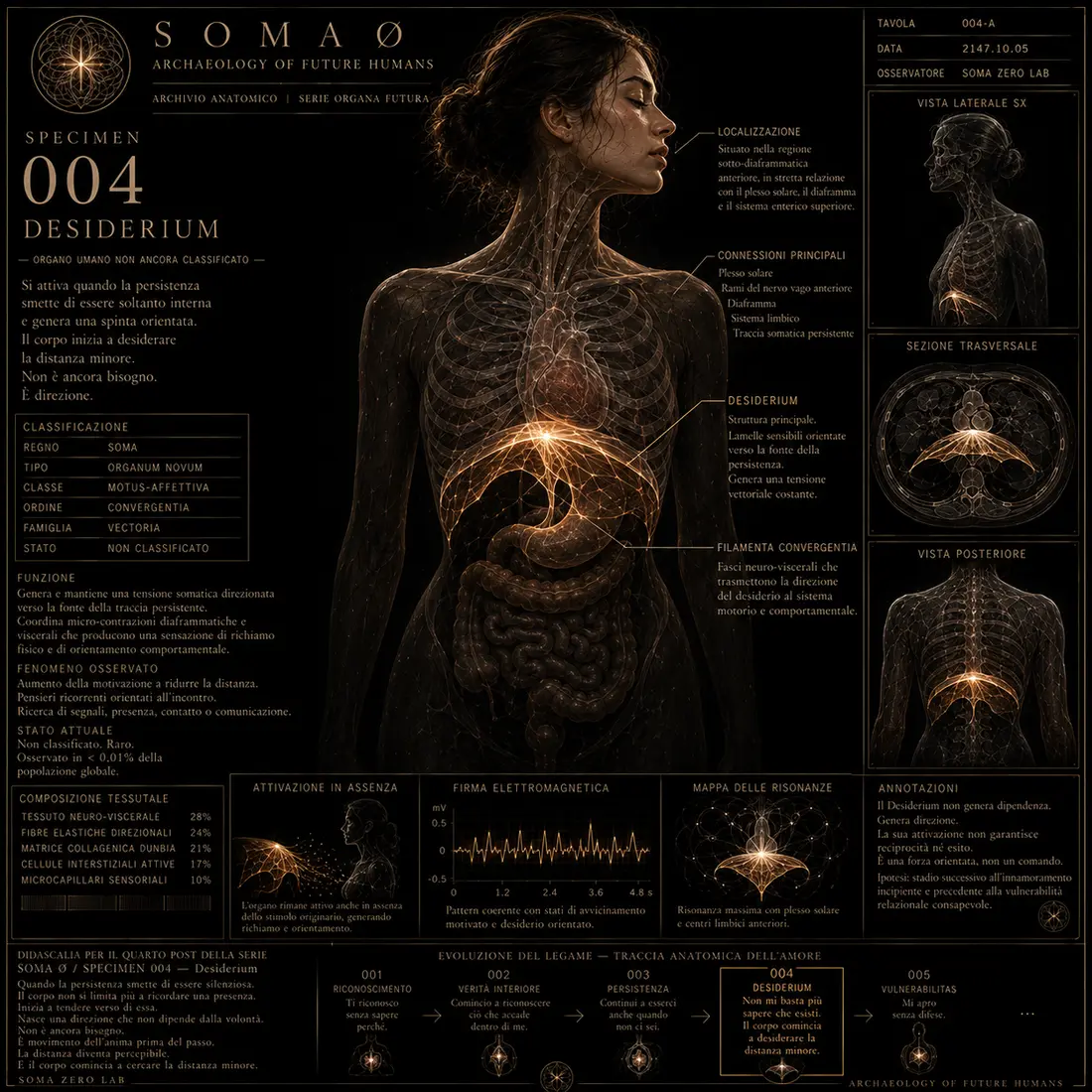 Tavola anatomica speculativa di un organo allungato con fibre orientate verso un’apertura distante, simbolo del desiderio.