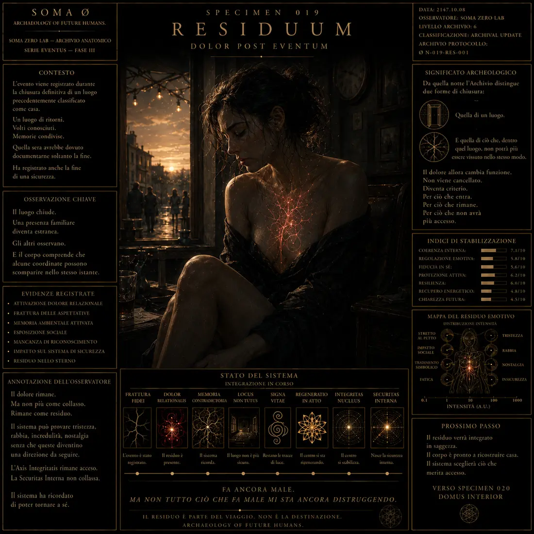 Tavola anatomica di un frammento scuro inglobato in tessuto nuovo, rappresentazione del residuo dopo l’evento.