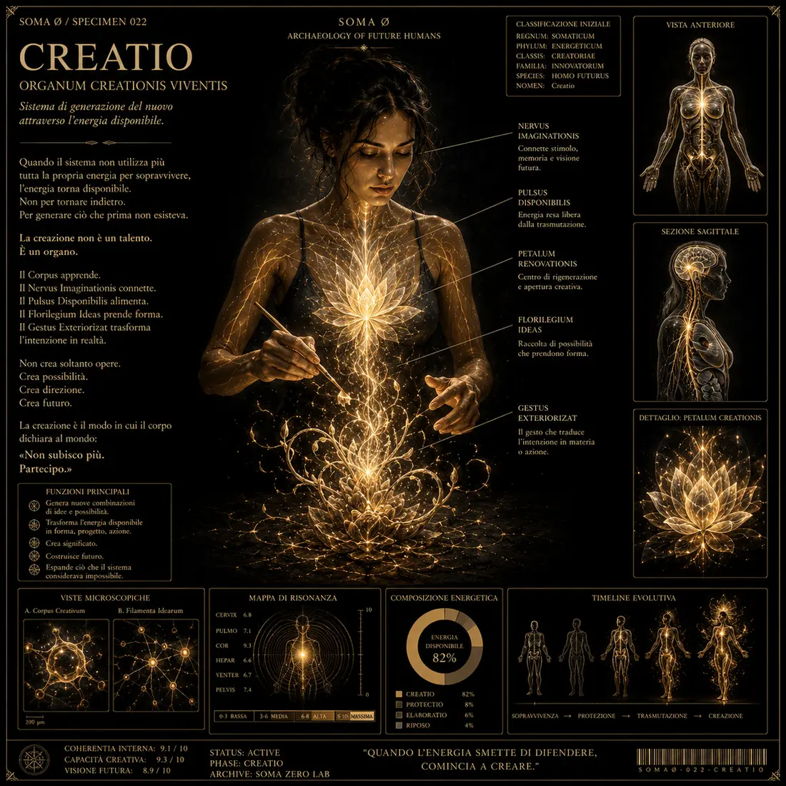 Tavola anatomica di una figura umana che convoglia energia luminosa dal torace e dalle mani in una forma vegetale emergente, simbolo della creazione del nuovo.
