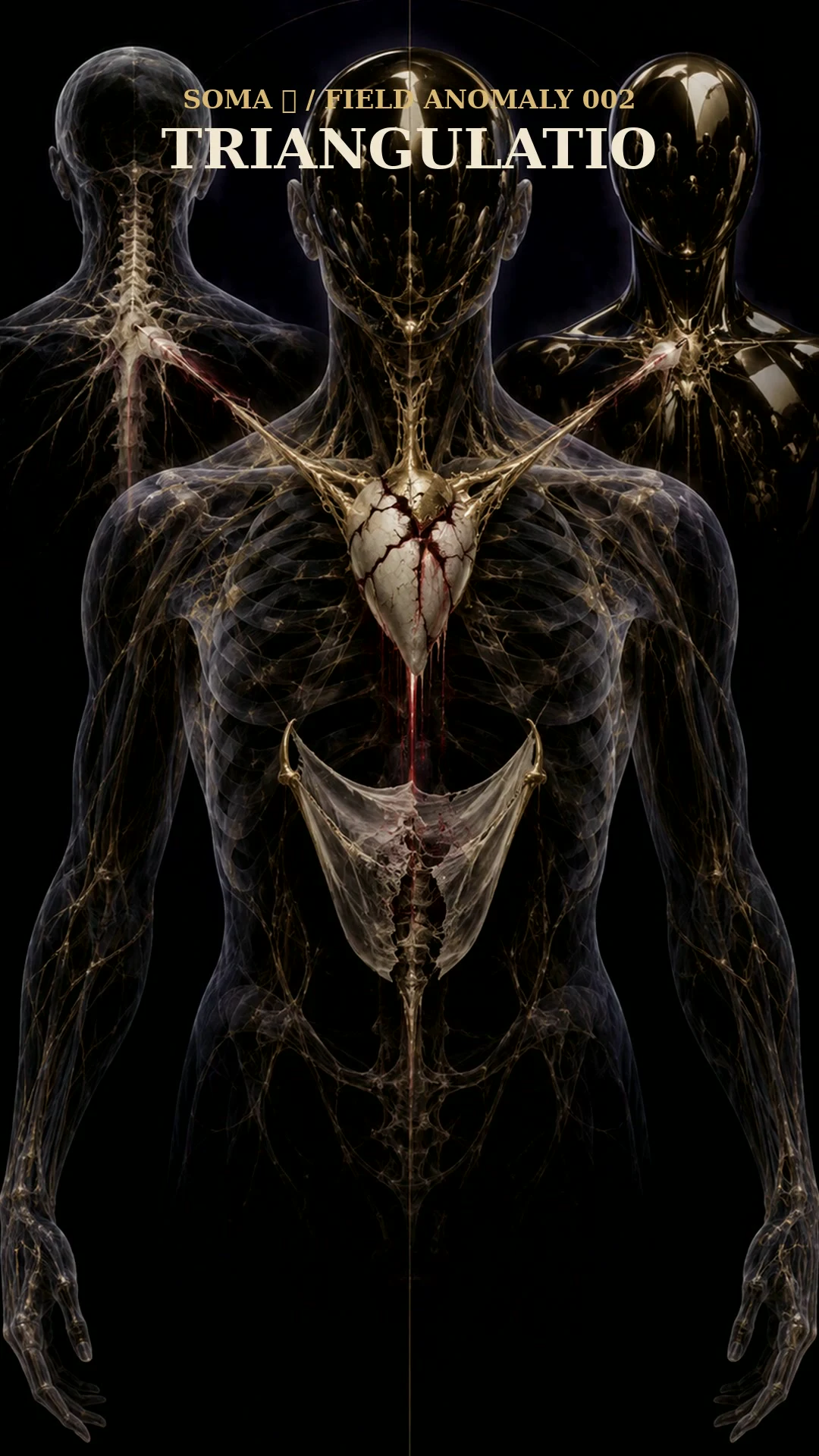 Tavola anatomica speculativa con una camera d’ego in ossidiana, due presenze-specchio, un tribunale di maschere sociali e una membrana relazionale ferita.
